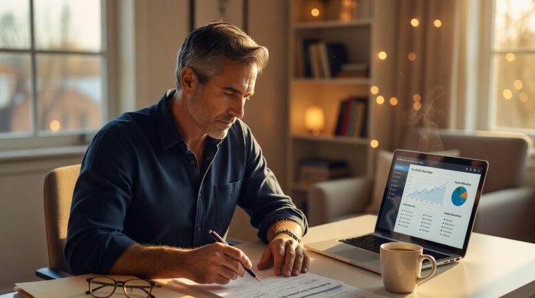 Person in their 50s reviewing retirement savings plan at a desk with financial documents and a calculator