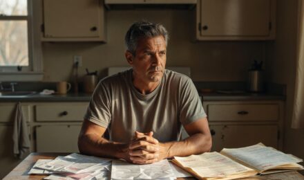 Person reviewing chapter 7 bankruptcy debt documents at a desk with a gavel and financial papers
