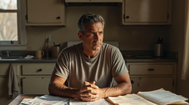 Person reviewing chapter 7 bankruptcy debt documents at a desk with a gavel and financial papers
