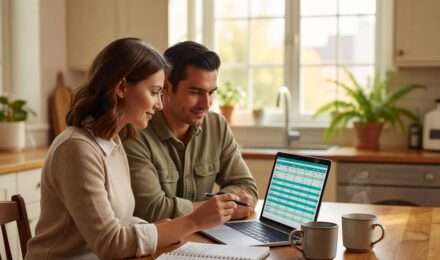 Couple sitting together reviewing their combined finances and budget on a laptop