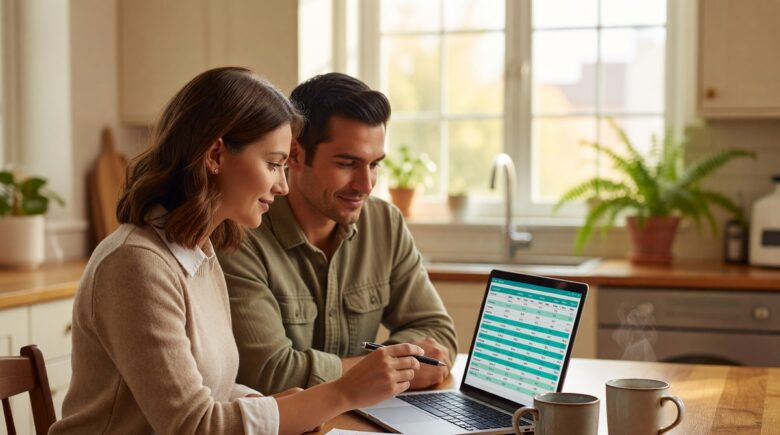 Couple sitting together reviewing their combined finances and budget on a laptop