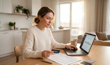Person reviewing debt consolidation loan documents with calculator and bills on desk