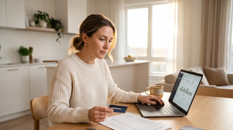 Person reviewing debt consolidation loan documents with calculator and bills on desk