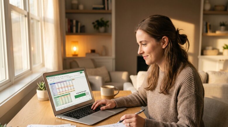 Debt snowball spreadsheet on a laptop screen showing debt balances and payoff progress