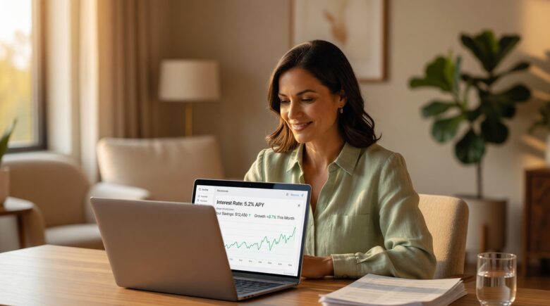 Person reviewing savings account options on laptop to earn more interest with no risk