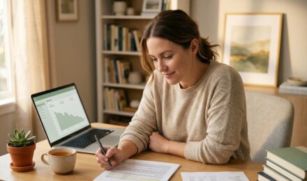 Person reviewing loan documents with a downward trending interest rate chart showing falling prime rate refinance debt opportunity