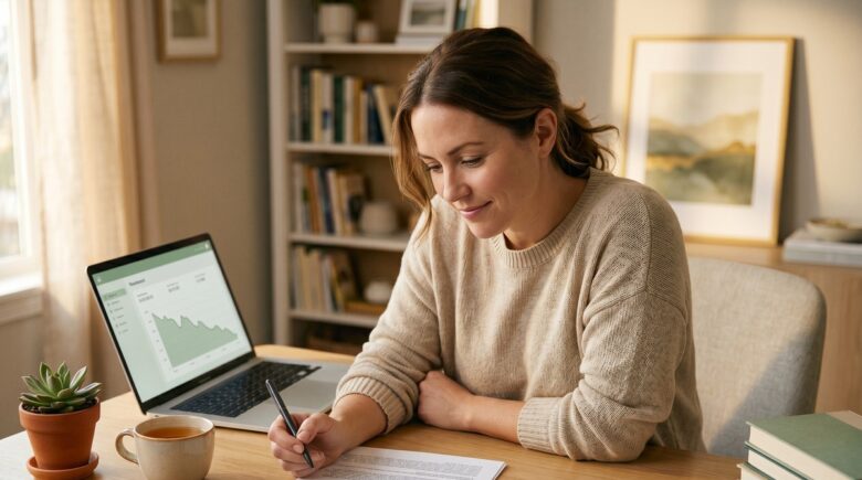 Person reviewing loan documents with a downward trending interest rate chart showing falling prime rate refinance debt opportunity