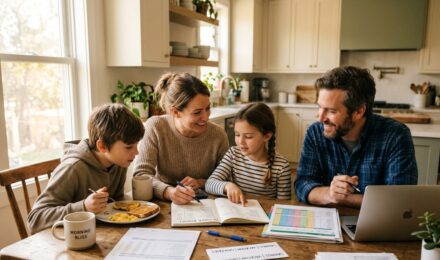 Family sitting together reviewing a family budget plan on a laptop at the kitchen table