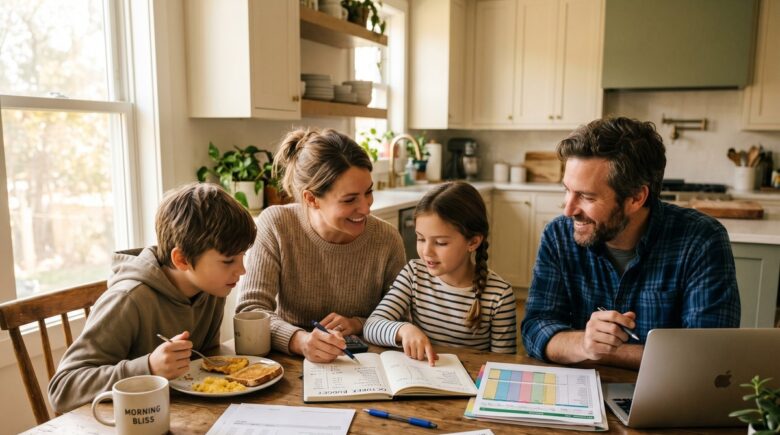Family sitting together reviewing a family budget plan on a laptop at the kitchen table