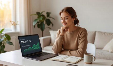 Person reviewing a high-yield savings account budget plan on a laptop with a notebook and calculator nearby