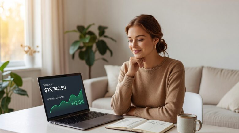 Person reviewing a high-yield savings account budget plan on a laptop with a notebook and calculator nearby
