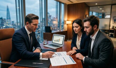 Bank loan officer reviewing interest rate spread above prime rate on financial documents