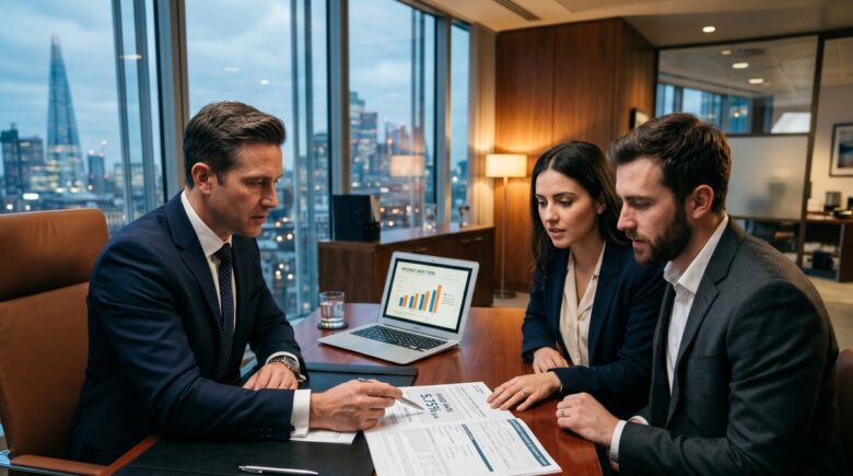 Bank loan officer reviewing interest rate spread above prime rate on financial documents
