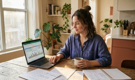 Person reviewing monthly budget spreadsheet with variable income amounts on a laptop