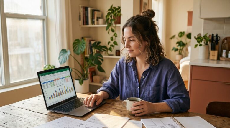 Person reviewing monthly budget spreadsheet with variable income amounts on a laptop