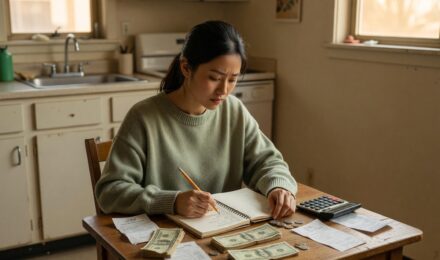 Person creating a bare bones budget on paper with calculator and limited cash on a desk