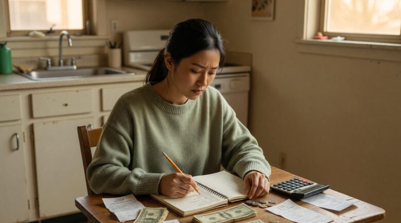 Person creating a bare bones budget on paper with calculator and limited cash on a desk