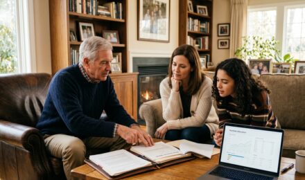 Family reviewing financial documents and investment plans to build generational wealth