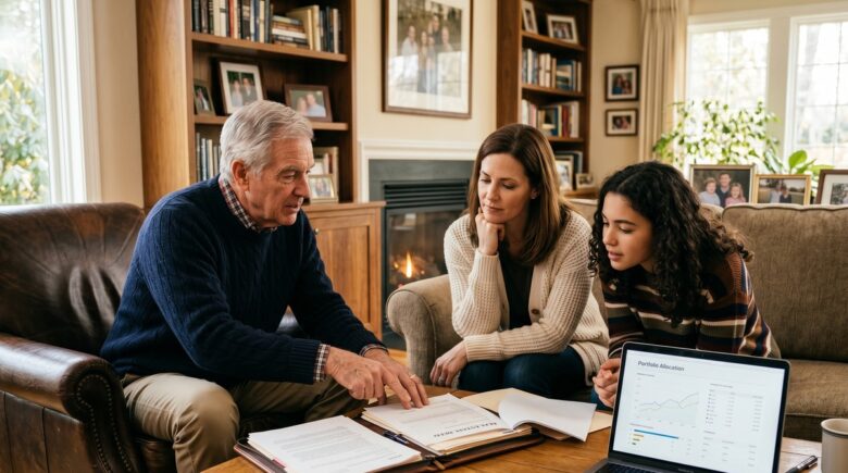 Family reviewing financial documents and investment plans to build generational wealth