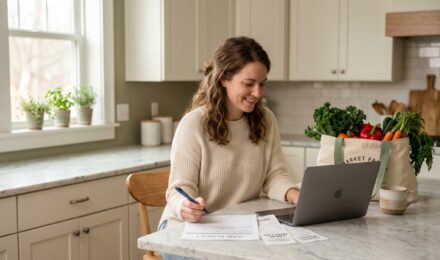 Person reviewing monthly budget on laptop to cut monthly expenses and save money