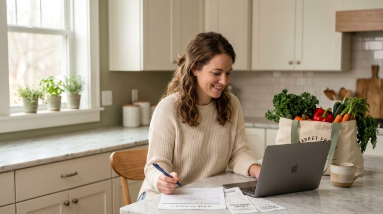 Person reviewing monthly budget on laptop to cut monthly expenses and save money