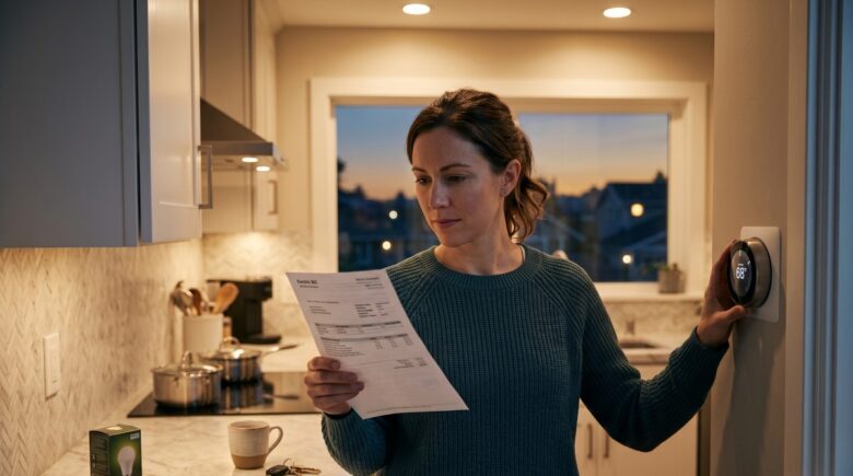 Person reviewing monthly electric bill and budgeting to save money on energy costs
