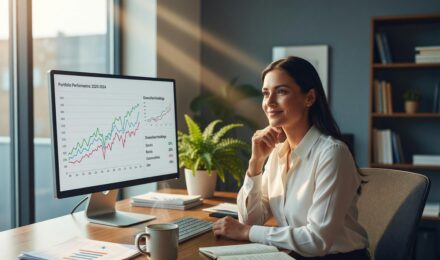 Person reviewing index funds wealth building strategy on laptop with investment growth chart