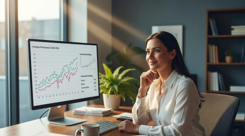 Person reviewing index funds wealth building strategy on laptop with investment growth chart