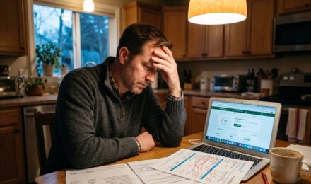 Person reviewing medical debt entries on their credit report with a laptop and medical bills on a desk