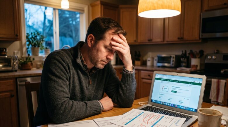 Person reviewing medical debt entries on their credit report with a laptop and medical bills on a desk