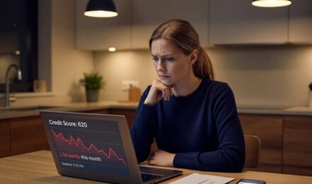 Credit score gauge dropping after a missed payment on a credit card bill