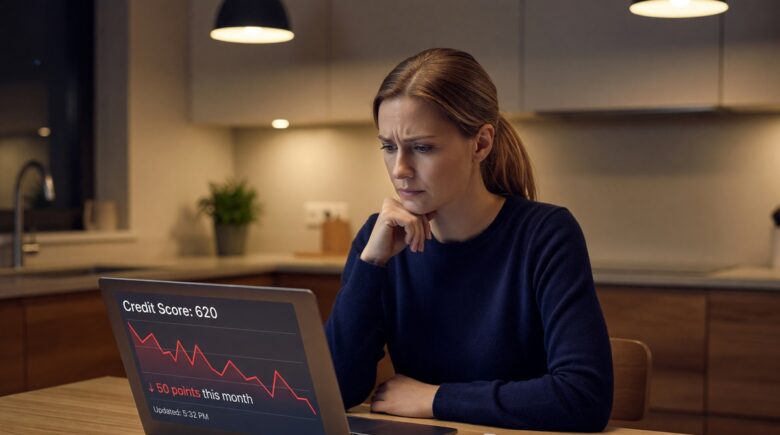 Credit score gauge dropping after a missed payment on a credit card bill