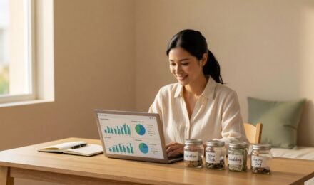 Person organizing multiple savings accounts on a laptop to track different financial goals