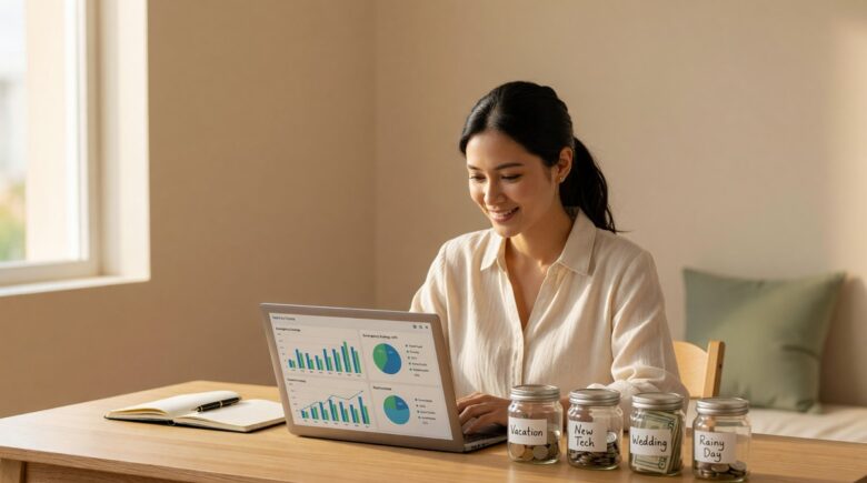 Person organizing multiple savings accounts on a laptop to track different financial goals