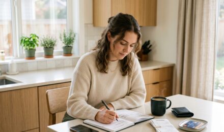 Calendar marked for a 30-day no spend challenge with a piggy bank and budget planner on a desk
