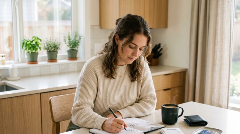 Calendar marked for a 30-day no spend challenge with a piggy bank and budget planner on a desk