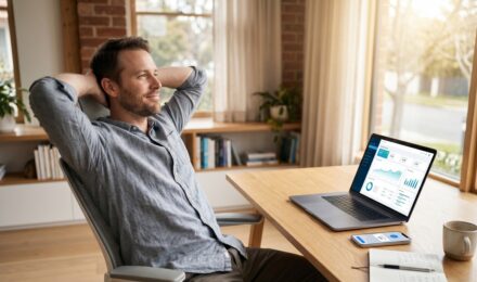 Person reviewing passive income strategies on a laptop with financial charts and investment documents on a desk