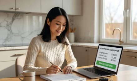 Person reviewing car loan documents and calculating early payoff strategy