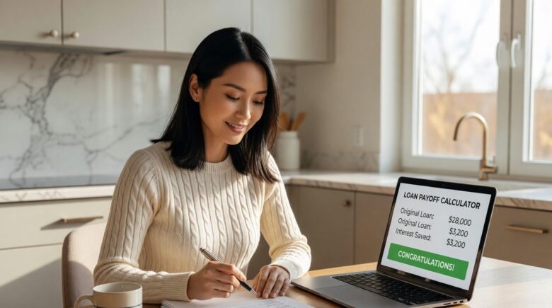 Person reviewing car loan documents and calculating early payoff strategy