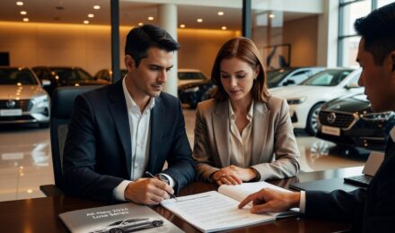 Car dealer and buyer reviewing auto loan documents affected by rising prime rate