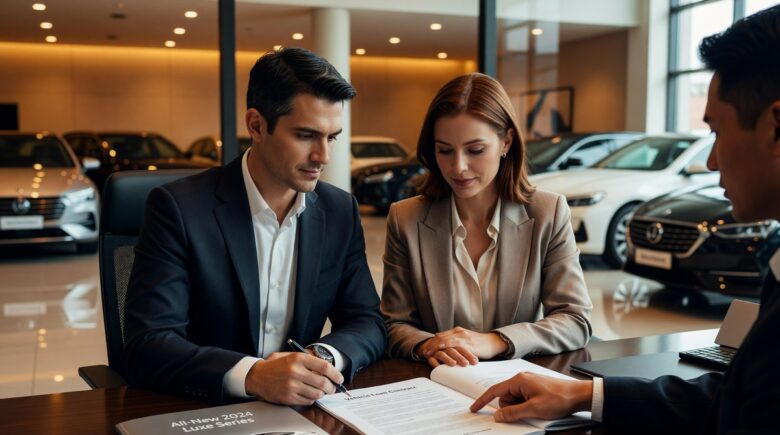 Car dealer and buyer reviewing auto loan documents affected by rising prime rate