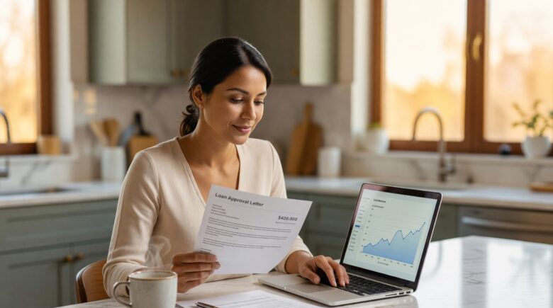 Borrower reviewing loan documents with a flat prime rate chart in the background