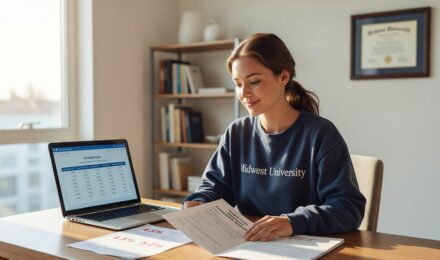 Student reviewing loan documents with prime rate and interest rate chart in background