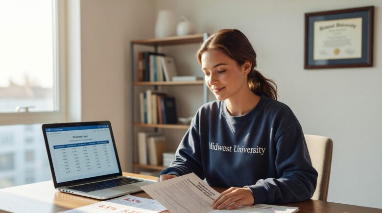 Student reviewing loan documents with prime rate and interest rate chart in background