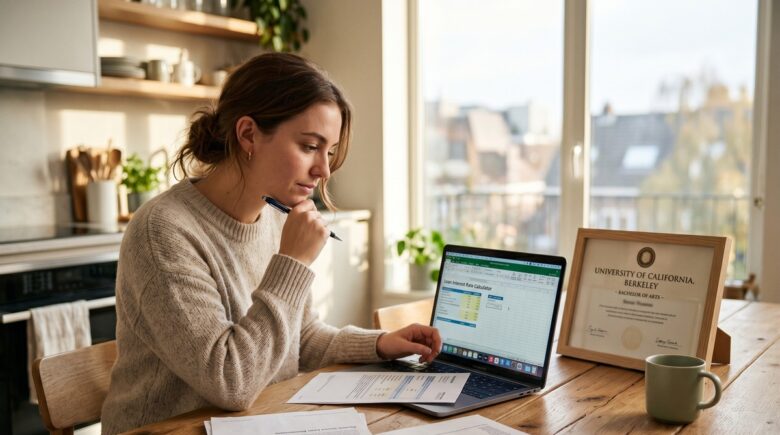 Student reviewing prime rate student loan interest rates on laptop