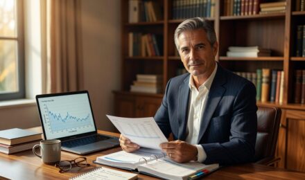 Retired couple reviewing retirement savings portfolio during stock market drop