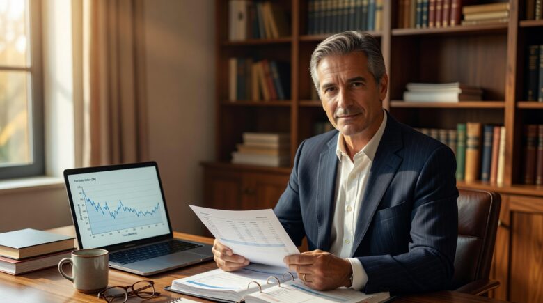 Retired couple reviewing retirement savings portfolio during stock market drop