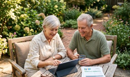 Retired couple reviewing their 30-year retirement income plan with a financial advisor