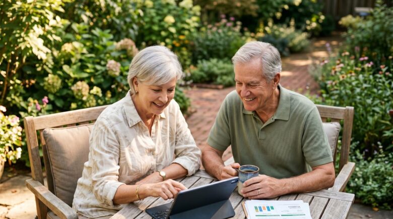 Retired couple reviewing their 30-year retirement income plan with a financial advisor