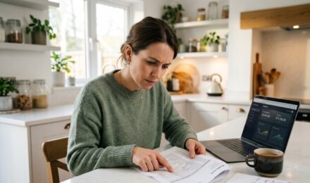 Person reviewing bank statement surprised by savings account hidden fees